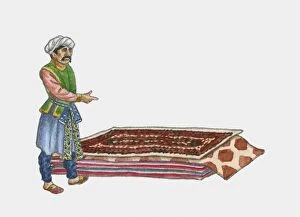 Illustration of Safavid man pointing at stack of Persian carpets
