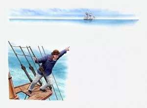Illustration of sailor on the Ellen Austin leaning out over side of lookout post
