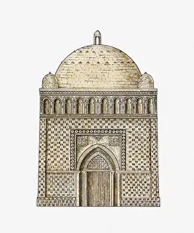 Circa 10th Century Prints: Illustration of Samanid mausoleum, Bukhara, Uzbekistan, 10th century
