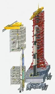 Images Dated 22nd April 2010: Illustration of Saturn V rocket on launcher platform, vehicle assembly building