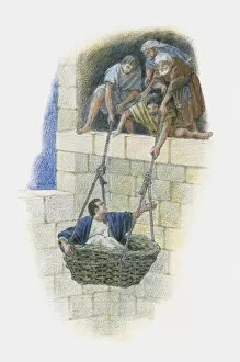 Illustration of Saul being lowered down side of stone building in basket by four men