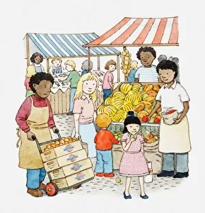 Illustration of a scene at an open-air market