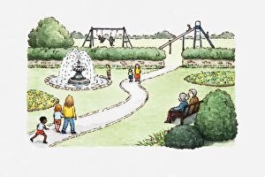Images Dated 4th January 2011: Illustration of a scene in a park with people walking on footpath and seated on bench