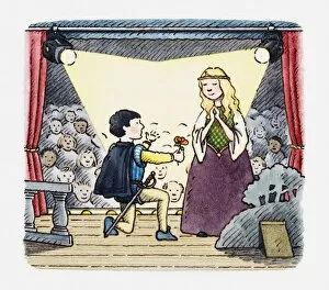 Incidental People Collection: Illustration of a scene in a stage play, suitor presenting rose to a young woman