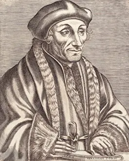 Northern Renaissance Prints: Illustration of Scholar Erasmus Desiderius with Book in Hand