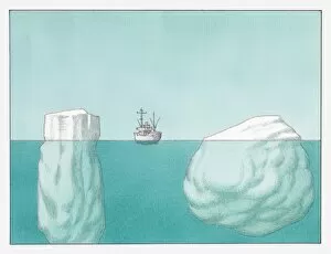 Images Dated 6th July 2011: Illustration of a ship between two icebergs