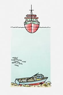 Illustration of ship travelling the ocean and a sunken ship on the ocean floor