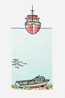 Ocean Floor Prints: Illustration of ship travelling the ocean and a sunken ship on the ocean floor