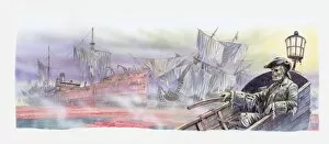Cemetery Gallery: Illustration of ships graveyard in the Sargasso sea, wrecked ships
