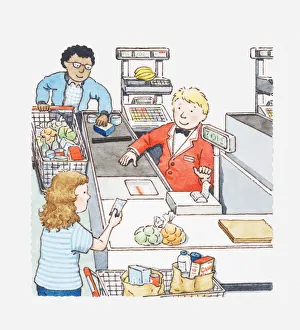 Retail Gallery: Illustration of shoppers checking out at till