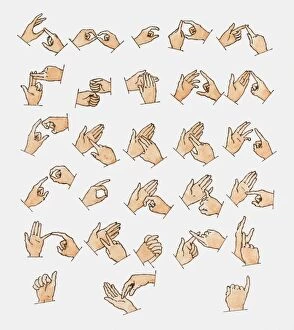 Sequences Collection: Illustration showing 26 sign language hand signals representing letters of the alphabet