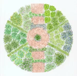 Landscaped Gallery: Illustration showing circular bed of culinary herbs