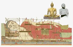 Circa 10th Century Prints: Illustration of showing the construction of the 10th Century Buddha in the city of Pegu in Burma