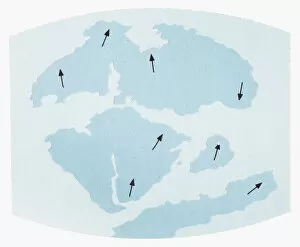 Images Dated 12th July 2011: Illustration showing Earths continents 135 million years ago and their direction of movement
