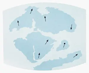 Changing Prints: Illustration showing Earths continents 135 million years ago and their direction of movement