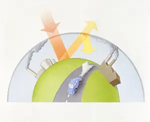 Air Pollution Prints: Illustration showing how industrial pollution and car fumes contribute to global warming