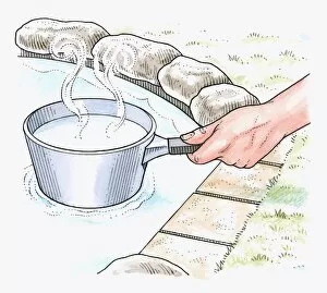 Images Dated 29th September 2009: Illustration of showing how to melt ice covering pond using base of saucepan containing boiling wate