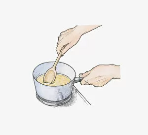 Unrecognizable Person Gallery: Illustration showing melted wax being stirred in pan using wooden spoon to create a DIY tile sealant