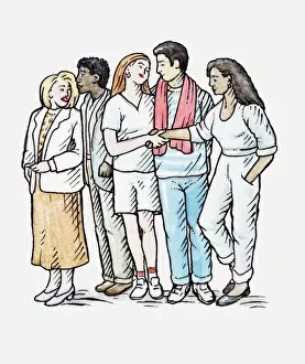 Late Teens Prints: Illustration showing multiracial group of young people