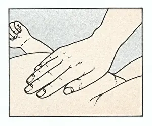 Lying On Back Prints: Illustration showing physical examination of babys abdomen to check for organ enlargement or abnormalities immediately