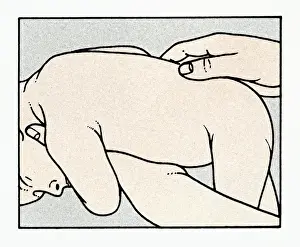 Lying On Front Prints: Illustration showing physical examination of babys spine curvature and vertebrae by moving thumb down back