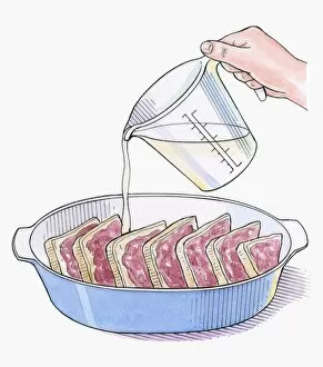 Illustration showing pouring egg and milk on stale bread spread with butter and raspberry jam