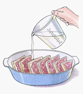 Dessert Prints: Illustration showing pouring egg and milk on stale bread spread with butter and raspberry jam