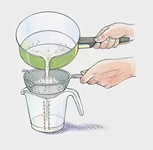 Illustration showing removing water through sieve from boiled white rice in saucepan