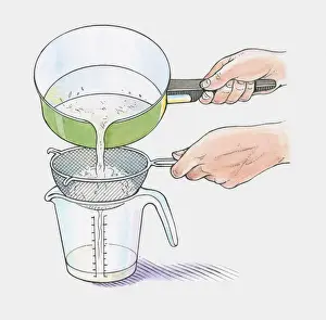 Pouring Prints: Illustration showing removing water through sieve from boiled white rice in saucepan