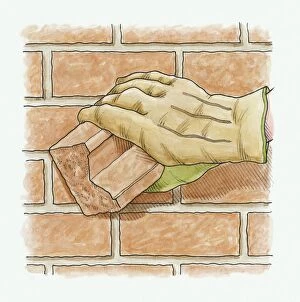 Illustration showing how to renovate discoloured wall by rubbing it with wet brick