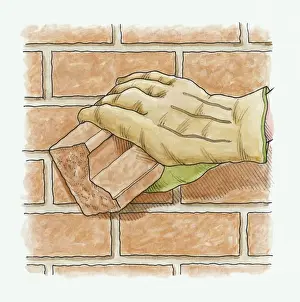 Glove Prints: Illustration showing how to renovate discoloured wall by rubbing it with wet brick