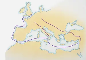 Route Prints: Illustration showing route taken by Crusaders over land and sea
