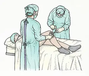 Unconscious Prints: Illustration showing surgeon swabbing and removing object from knee of patient lying on operating table