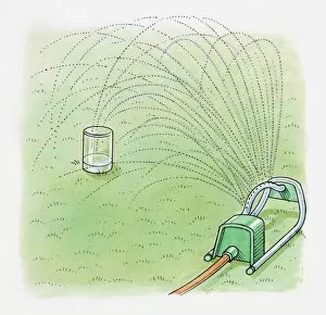 Illustration showing how to use garden sprinkler and jar to calculate how long to water an area of l