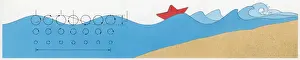 Approaching Prints: Illustration of showing how waves break when approach beach with small red boat behind