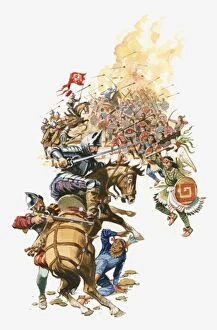 Images Dated 11th March 2010: Illustration of siege of Tenochtitlan by Cortes and his soldiers on horseback