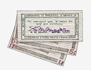 Illustration of signed wooden banknotes issued in Tenino in 1932