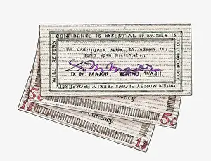 Wood Prints: Illustration of signed wooden banknotes issued in Tenino in 1932