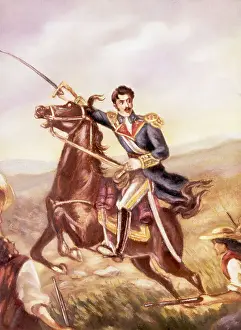 Watercolor Prints: Illustration of Simon Bolivar Leading His Troops