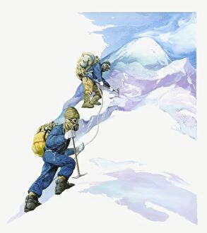 Mountain Peak Gallery: Illustration of Sir Edmund Hillary and Tenzig climbing Mt. Everest wearing oxygen masks