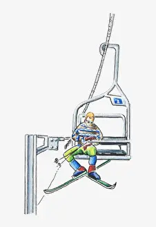 Winter Sport Prints: Illustration of skier in an open-air chair lift