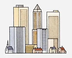 Residential Structure Prints: Illustration of skyscrapers towering over smaller buildings