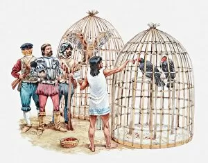 Animals In Captivity Collection: Illustration of slave feeding caged birds in Moctezrmas aviaries