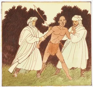 Exploitation Prints: Illustration of slave traders forcing African villager to become slave