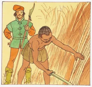 Exploitation Prints: Illustration of slave working on european plantation as guard looks on