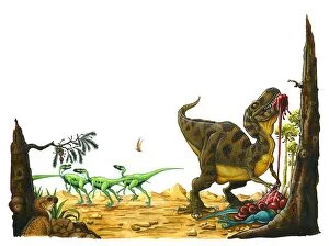 Illustration of small Hypsilophodon looking up at Tyrannosaurus Rex tearing at skin