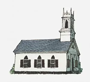 Illustration of small whitewashed church