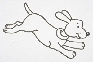 Leaping Prints: Illustration, smiling Dog leaping forward with outstretched legs, side view
