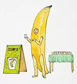 Food And Drink Gallery: Illustration of smiling man wearing banana costume pointing at glass of juice held in hand