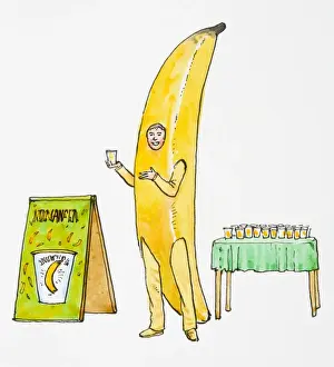 Costume Prints: Illustration of smiling man wearing banana costume pointing at glass of juice held in hand